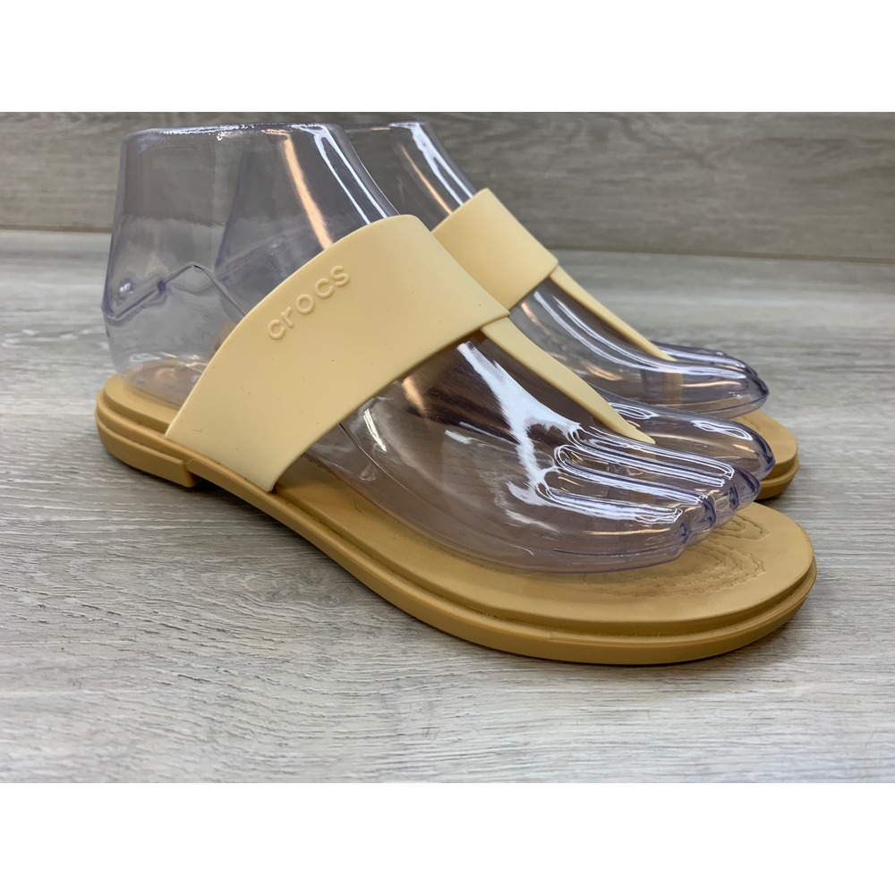 Crocs Serena Thong Sandal Tan Flat T-Strap Women's 6 Casual Comfort Shoes